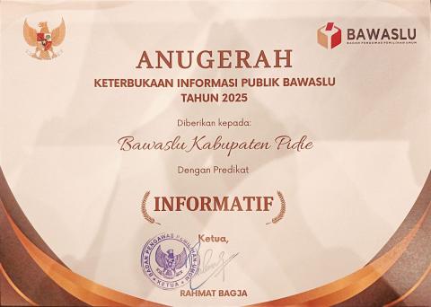 Panitia Pengawas Pemilihan (Panwaslih) Kabupaten Pidie kembali meraih Predikat Informatif dalam ajang Anugerah Keterbukaan Informasi Publik (KIP) yang diselenggarakan oleh Bawaslu Republik Indonesia. Penghargaan tersebut diserahkan pada kegiatan Rapat Koordinasi Nasional (Rakornas) Bidang Data dan Informasi Bawaslu Tahun 2025, yang berlangsung di Yogyakarta pada 27–29 Oktober 2025.