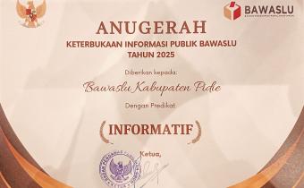 Panitia Pengawas Pemilihan (Panwaslih) Kabupaten Pidie kembali meraih Predikat Informatif dalam ajang Anugerah Keterbukaan Informasi Publik (KIP) yang diselenggarakan oleh Bawaslu Republik Indonesia. Penghargaan tersebut diserahkan pada kegiatan Rapat Koordinasi Nasional (Rakornas) Bidang Data dan Informasi Bawaslu Tahun 2025, yang berlangsung di Yogyakarta pada 27–29 Oktober 2025.